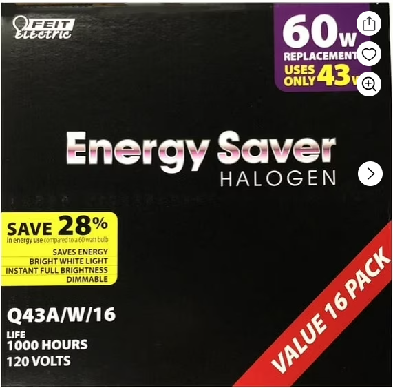 Feit Electric Halogen 43W (60W Equivalent) Bright White Light Bulbs, Mercury Free (16 Pack)
